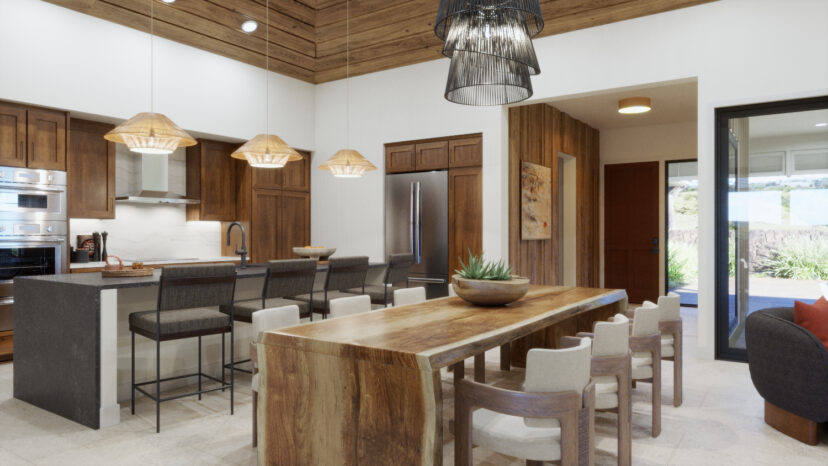 Modern kitchen and dining area with wooden cabinets, a large dining table, barstools at the island, pendant lights, and a view to a patio through glass doors.