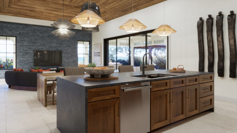 Modern kitchen with a large island, wooden cabinets, and hanging lights. A dining area and living room with a TV are visible. Large windows provide natural light and a view outside.