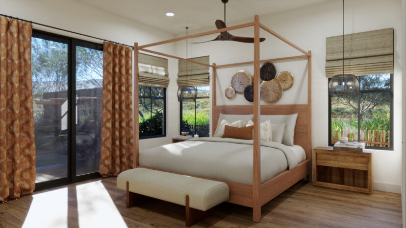 A cozy bedroom features a canopy bed, patterned curtains, two pendant lights, and wall decor. Large windows offer a view of a garden.