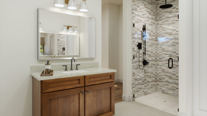 Modern bathroom with a wooden vanity, white countertop, and a mirror. A glass-enclosed shower with patterned tiles is in the corner, featuring a black showerhead and fixtures.