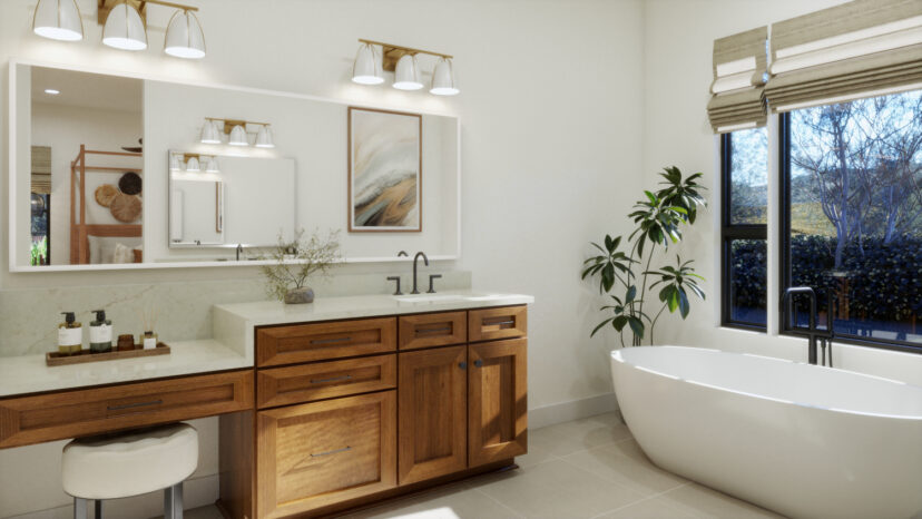 Modern bathroom with wooden cabinetry, large mirror, white countertop, freestanding bathtub, potted plant, and natural light from a window with beige blinds.