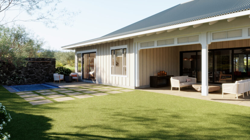 A modern house with a covered patio, outdoor seating, and a small adjacent pool on a sunny day.