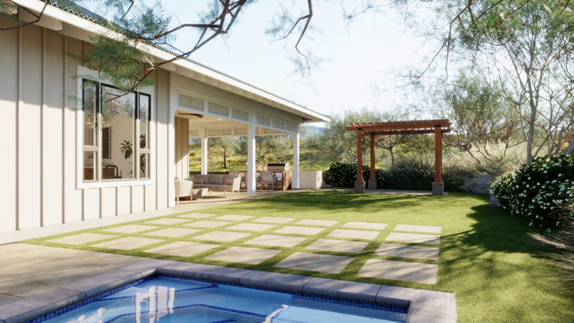 A modern backyard features a tiled patio, swimming pool, outdoor seating area, and a wooden pergola surrounded by greenery.