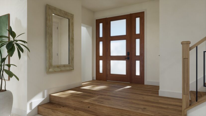 Entryway with a wooden floor, large front door with frosted glass panels, a mirror on the wall, a potted plant, and wooden stairs leading up.