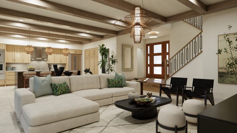 Modern living room with beige sectional sofa, black chairs, wooden beams, and pendant lights. Open kitchen in the background, with a staircase and artwork on the walls.