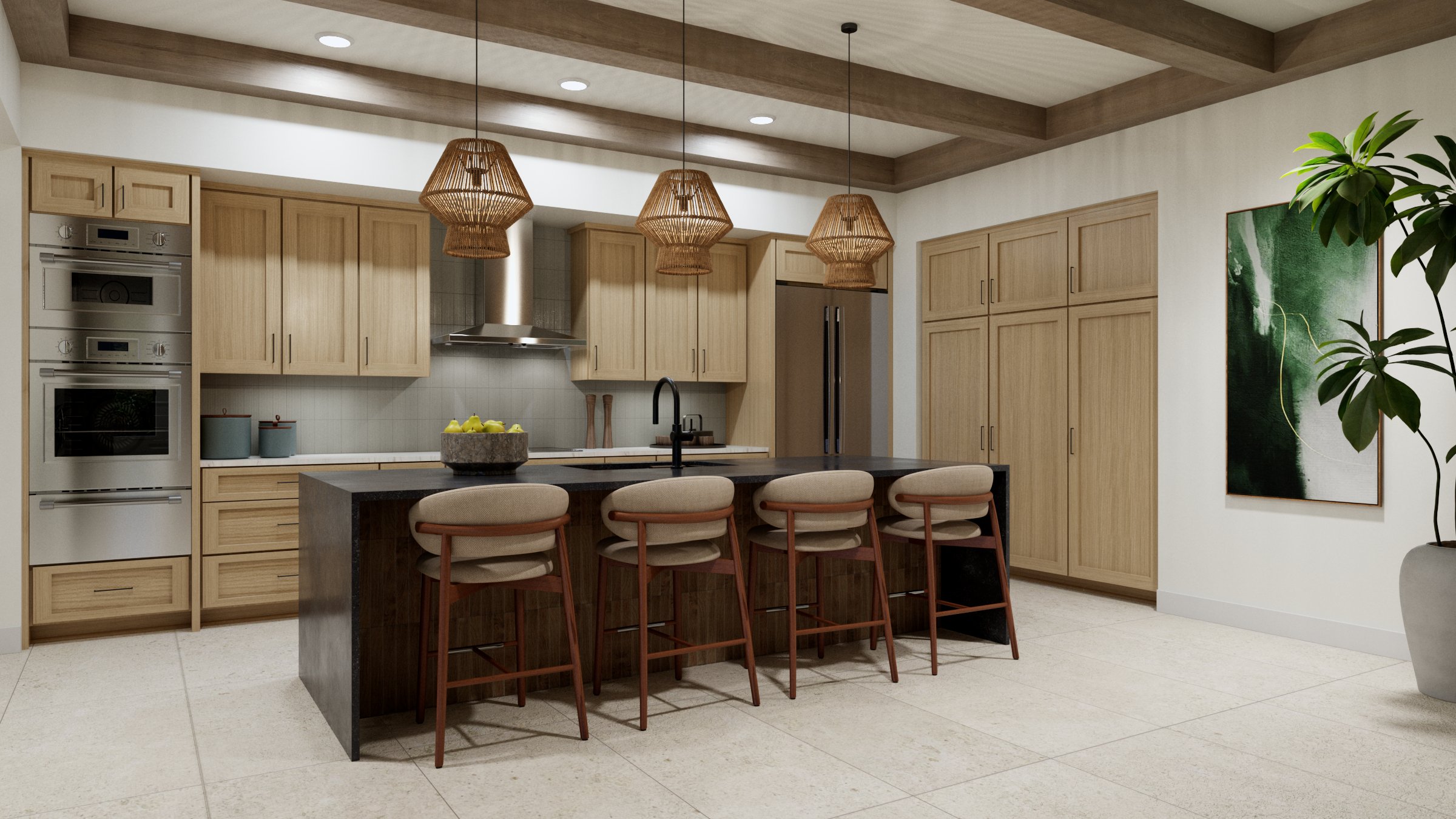 Modern kitchen with wooden cabinets, a black island with four bar stools, pendant lights, and stainless steel appliances. There is a tall plant and a green abstract painting on the wall.