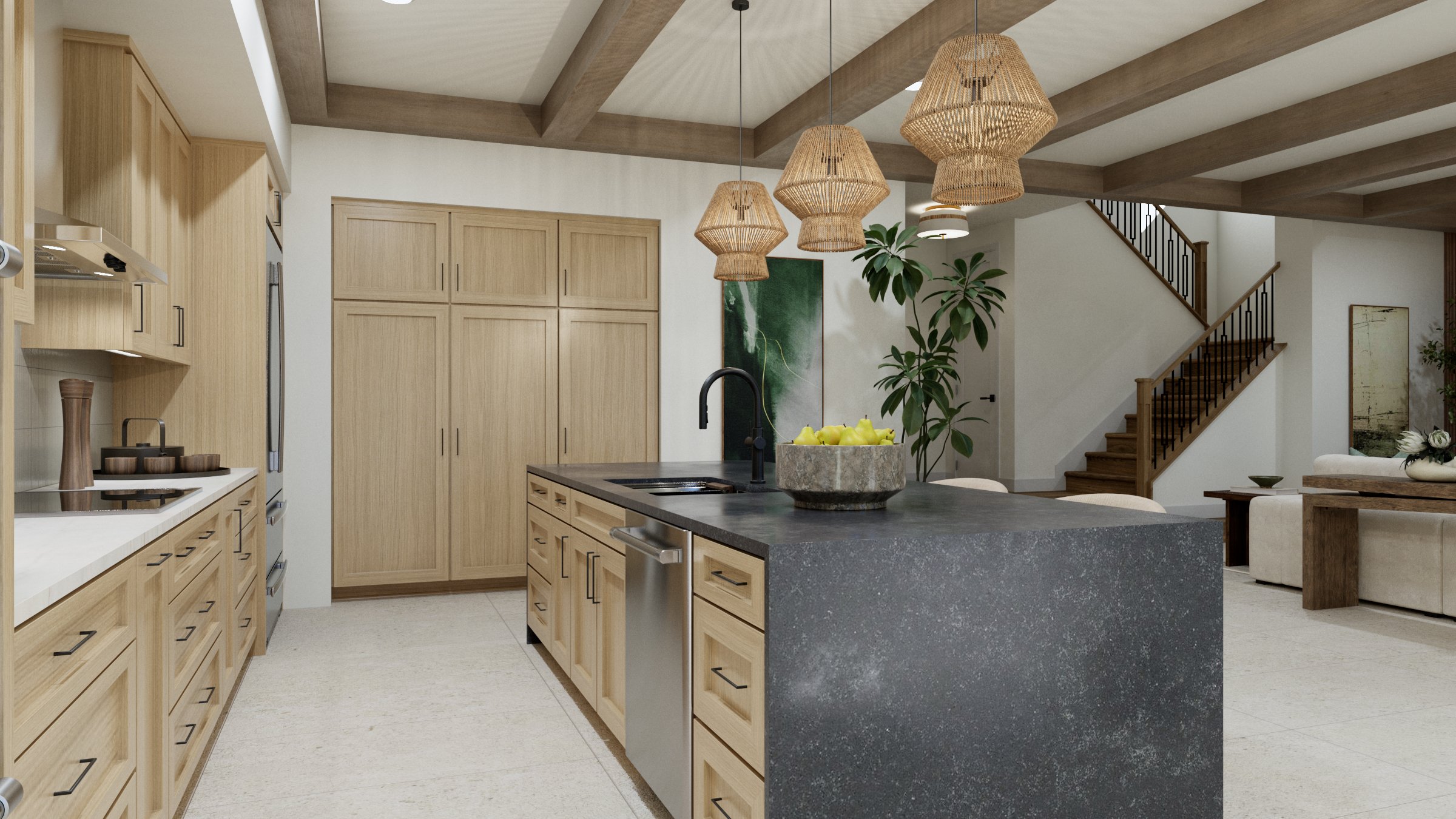 Modern kitchen with a large island featuring a dark countertop and hanging wicker lights. Wooden cabinetry lines the walls, and a staircase is visible in the background.