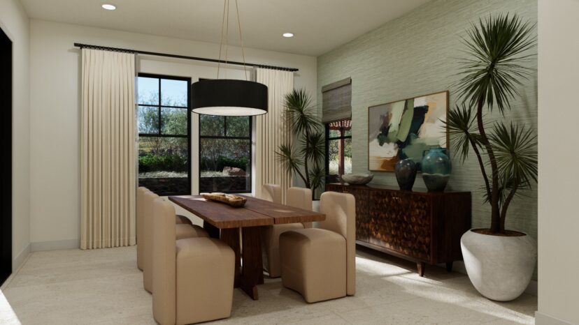 Dining room with a wooden table, six beige chairs, a large window with curtains, and a sideboard with decorative items. The walls are light green, and there are potted plants.