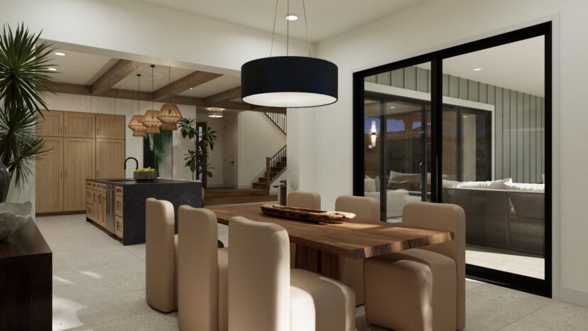 Modern dining room with a wooden table, beige chairs, large black pendant light, sliding glass doors, and view of a kitchen with a central island.