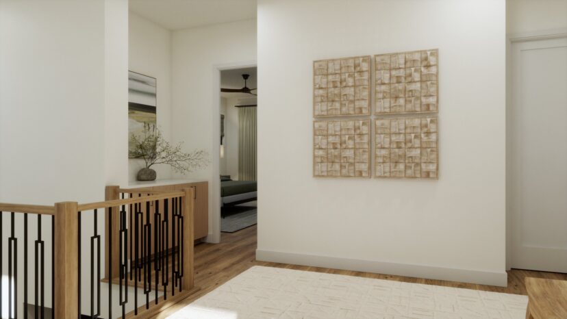 A hallway with a wooden railing and abstract wooden wall art. A doorway leads to a room with a bed and ceiling fan.