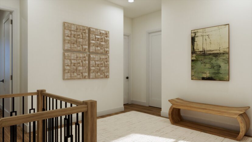 A hallway with white walls, wooden flooring, and a beige rug. It features a wooden bench, abstract wall art, and a black railing. There are two closed white doors in the background.