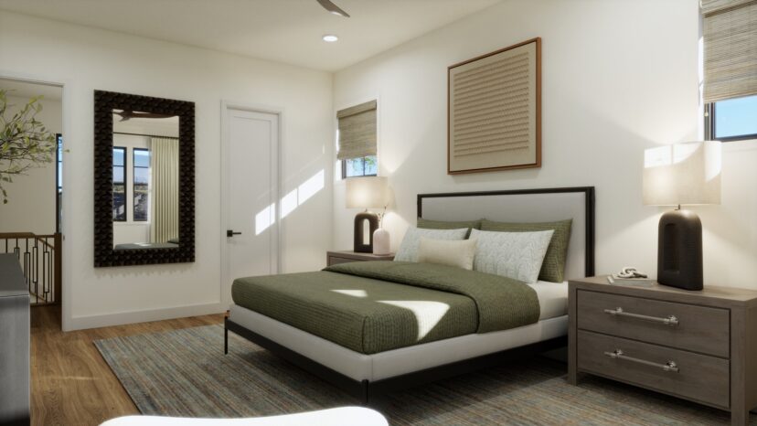 Modern bedroom with a double bed featuring green bedding, two bedside tables with lamps, a large wall mirror, and sunlight streaming through the windows onto a patterned rug.