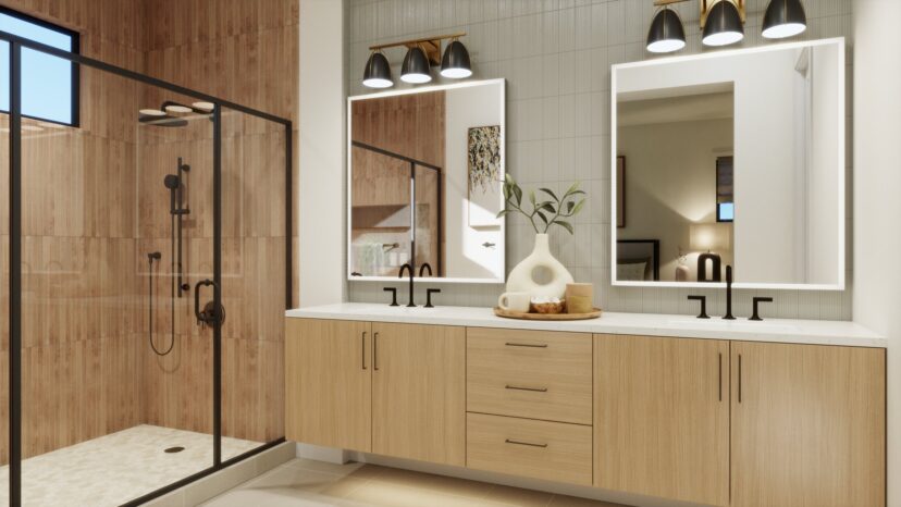 Modern bathroom with double sink vanity, large mirrors, black fixtures, and a spacious shower enclosed in glass. Warm wood and neutral tones create a sleek, minimalist look.