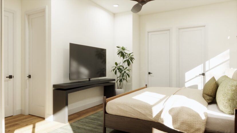 Minimalist bedroom with a bed, TV on a stand, two doors, a small plant, and a ceiling fan. Sunlight streams in, highlighting the neutral color palette.