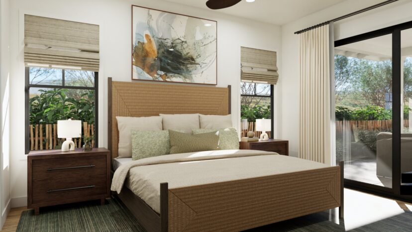 Bright bedroom with a wicker bed, two wooden nightstands, and abstract art above the bed. Large windows and a sliding door open to a garden view.