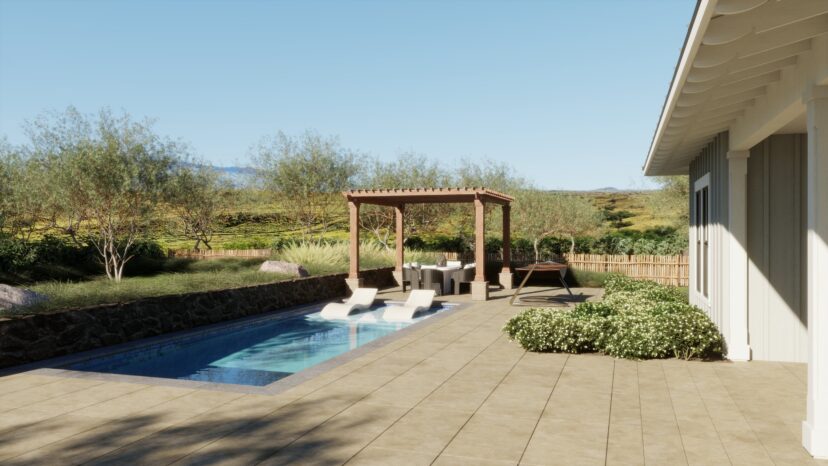 Backyard with a small rectangular pool, lounge chairs, a pergola over a dining table, and surrounding greenery on a sunny day.