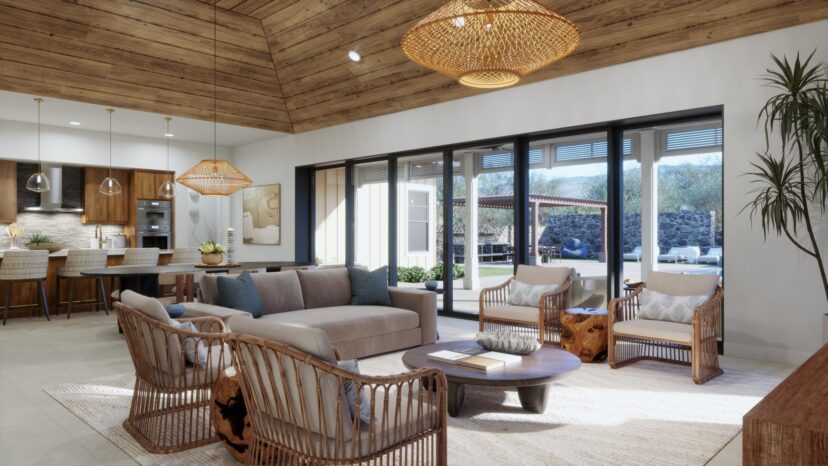 Modern living room with wicker furniture, a beige sofa, and wooden accents. Large windows open to a patio with outdoor seating. Ceiling has wood paneling and pendant lights.