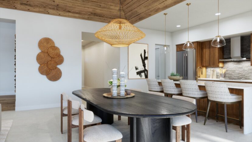 Modern dining room with a dark oval table, wooden chairs, and a wicker light fixture. A kitchen with bar stools and wooden cabinetry is visible in the background.