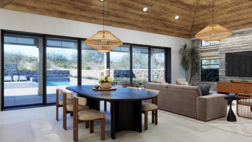 A modern living room with a wooden ceiling, large windows, and wicker pendant lights. There's a black dining table, beige chairs, and a view of a pool outside.