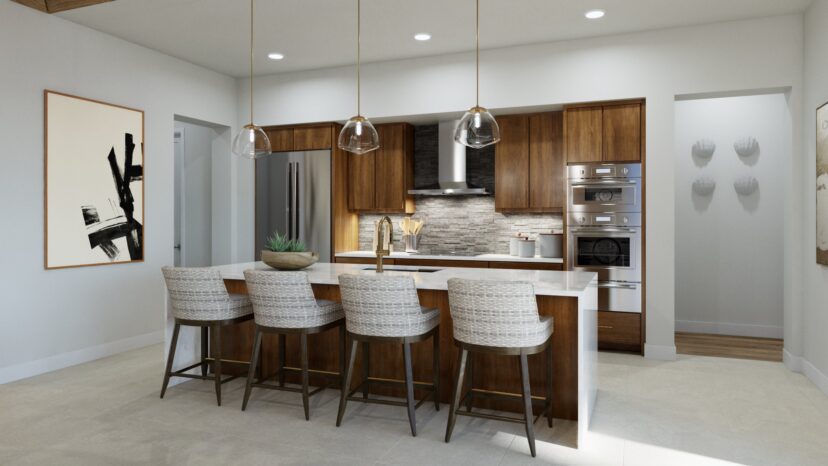 Modern kitchen with wooden cabinets, a large island with four woven chairs, pendant lights, stainless steel appliances, and a textured backsplash. Wall art and decorative plates are displayed.