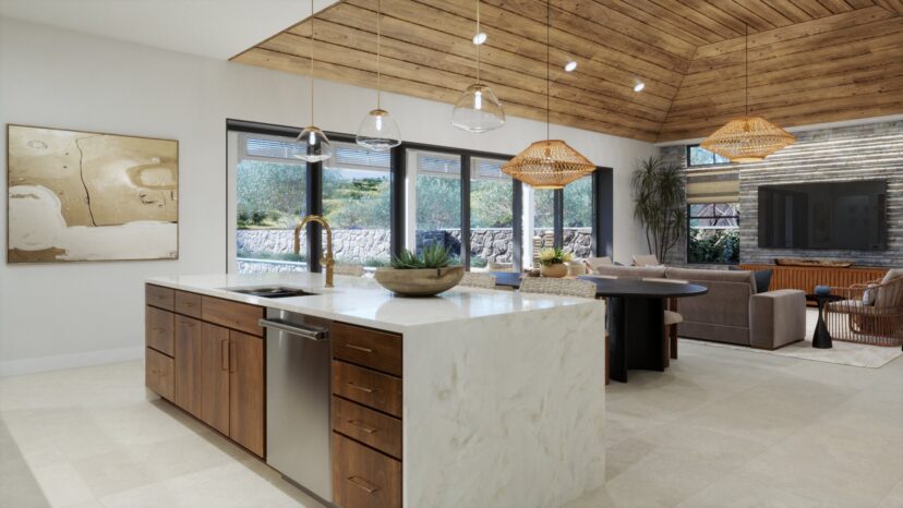 Modern kitchen with a central island featuring a marble countertop, wooden cabinets, and pendant lights. Adjacent living area with a sectional sofa and large windows.