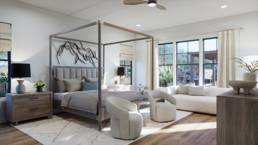 A modern bedroom with a canopy bed, two cushioned chairs, a sofa, and a wooden nightstand. Large windows allow natural light, and wall art decorates the room.