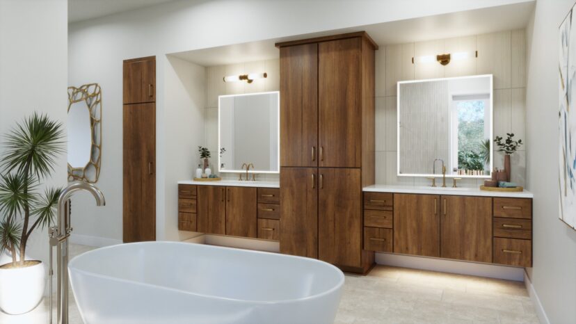 Modern bathroom with wooden cabinets, two illuminated mirrors, a freestanding bathtub, plants, and a wall-mounted faucet.