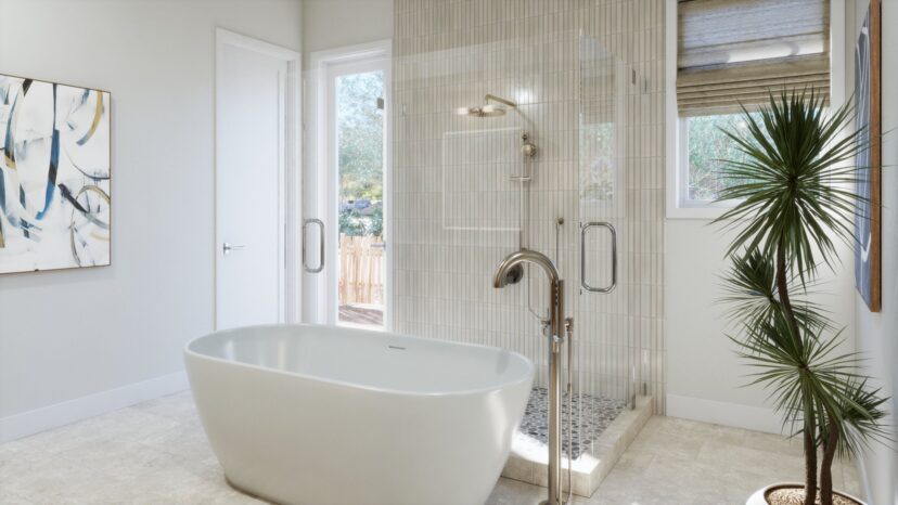 Modern bathroom with a freestanding bathtub, glass-enclosed shower, potted plant, abstract wall art, and a window with blinds.