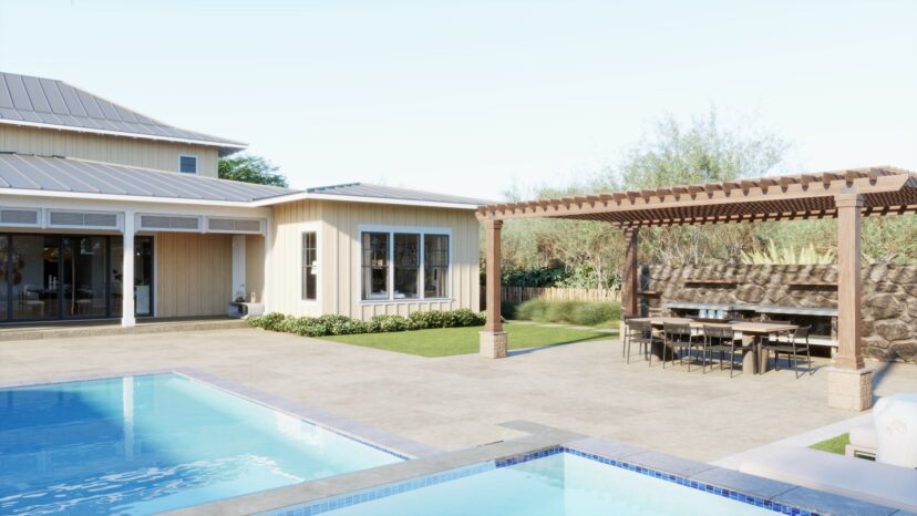 A backyard features a pool, a wooden pergola with a dining area, and a beige house with large windows and a patio.