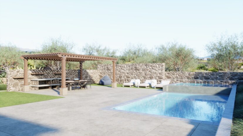 A backyard features a stone patio with a swimming pool, a pergola with a dining area, and lounge chairs. A stone wall surrounds the space.