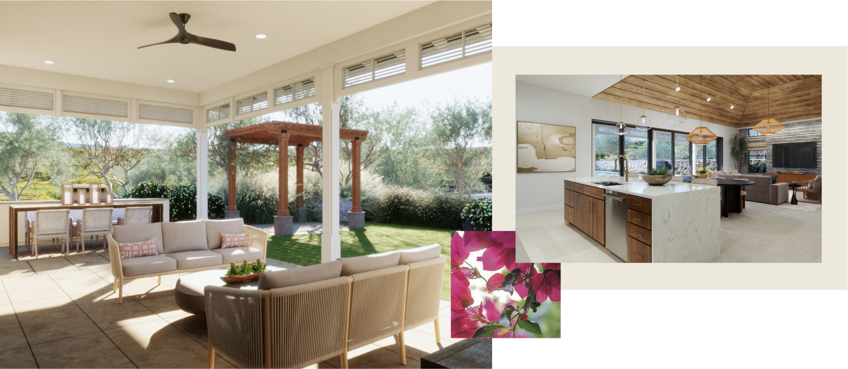 A bright indoor-outdoor living space with seating and garden, adjacent to a modern kitchen featuring a large island with bar stools and pendant lights, alongside an image of pink flowers.